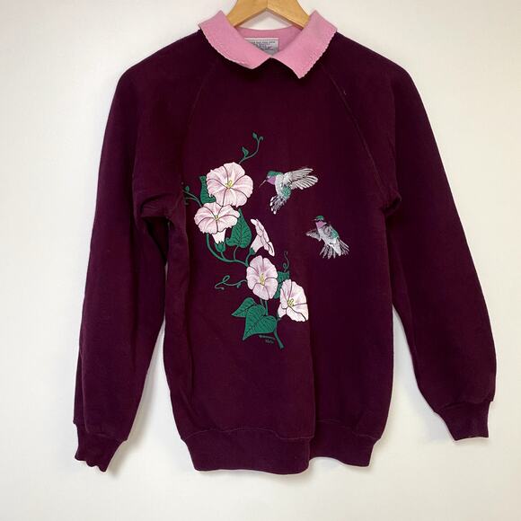 Vintage Hummingbird Sweatshirt 90s Flower Sweater Grandma - Picture 1 of 2